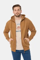 Canguro con cierre y capucha color bordó, confeccionado en felpa de algodón y poliéster.