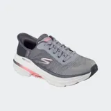 Championes Skechers Max Cushioning Arch Fit 2.0, color gris con detalles en rosa y azul marino.