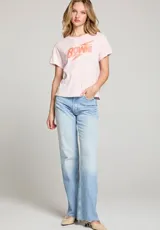 Remera rosa pálido de algodón con cuello redondo y estampado vintage de Bowie en color naranja.