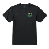 Remera negra de manga corta con estampado de tres flores y texto "Seek & Explore Roark" en el pecho.