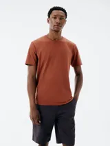 Remera básica de manga corta color gris claro, con cuello redondo.