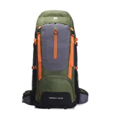Mochila de trekking con capacidad de hasta 80 L, en gris y verde, con tiras regulables.