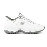 Championes deportivos Skechers Hands Free Slip-ins E'Lite Afterburn, color blanco con detalles en gris. Diseñados con tecnolog
ía Heel Pillow, capellada de cuero y sint
ético con cordones el
ásticos, plantilla acolchada Skechers Air-Cooled Memory Foam y suela de tracci
ón flexible.