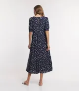 Vestido largo de viscosa color azul marino con estampado de lunares blancos, cuello redondo, manga corta abullonada y corte midi.