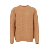 Sweater color camel con cuello redondo y diseño de trenzas verticales. Confeccionado en mezcla de lana y poliéster.