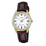 Reloj Casio analógico para mujer, modelo LTPV005GL-7AUDF, con caja dorada de 34mm, esfera blanca con agujas doradas y correa de cuero marrón. Resistente al agua.