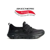 Zapatilla deportiva casual Skechers Arch Fit - Lucky Thoughts, color negro, con parte superior de malla de punto deportivo y tejido sintético liso. Presenta cordones elásticos para un ajuste fácil y sin atar, y plantilla extraíble con soporte de arco certificado por podólogos.