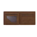 Billetera de cuero sintético color negro con costuras color naranja.