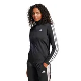 Campera deportiva Adidas negra con cierre frontal, cuello alto y tres rayas blancas en las mangas.