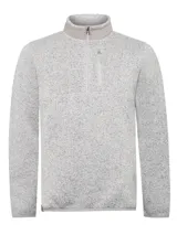 Buzo polar gris jaspeado con cuello alto y medio cierre.
