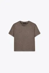 Remera marrón de tejido de punto con cuello redondo y mangas cortas.