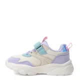 Zapatillas deportivas blancas con detalles en lila, ajuste con cordones elásticos y tira de velcro con un corazón.
