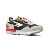 Championes Hi-Tec Blair de estilo deportivo casual, con capellada azul marino, detalles en beige, marrón y rojo, y suela blanca con detalles en gris. Incluyen tecnología Memory Foam para mayor comodidad.