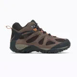 Bota de senderismo Merrell Yokota 2 Mid WP color marrón con detalles en negro y naranja. Fabricada con cuero y malla resistente al agua, con suela de goma antideslizante.