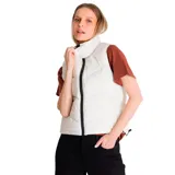 Chaleco puffer negro con cuello alto, cierre frontal con cremallera, bolsillos laterales y cordón ajustable en el ruedo.