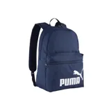 Mochila Puma Phase III azul marino con logo blanco estampado en el frente. Cuenta con compartimento principal con doble cremallera, bolsillo frontal con cierre, bolsillo lateral de malla, correas ajustables y acolchadas, y panel trasero acolchado.