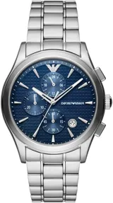 Reloj Emporio Armani modelo AR11528 para hombre, con caja de acero inoxidable plateado de 42mm y esfera azul con acabado sunray. Cuenta con subesferas de cronógrafo, ventana de fecha a las 3 en punto, manecillas e índices luminosos y resistencia al agua de 5 ATM.