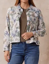 Campera de lino estampada marca Dash, con abertura central con botones y bolsillos delanteros.