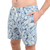 Short de baño con estampado floral tropical en tonos azules y blancos, con cintura elástica ajustable con cordón.
