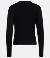 Blusa verde oliva de tejido acanalado, con cuello redondo y mangas largas.