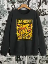 Buzo negro de felpa con estampa de vinilo textil con la leyenda "Danger High Voltage" y un personaje de animé.