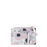 Billetera pequeña con cierre superior y estampado de flores en tonos lila, rosa y azul.