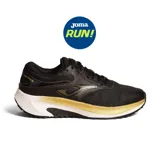 Championes deportivos Joma Running Active Lady 2501, color negro con detalles dorados. Capellada de jacquard transpirable con perforaciones VTS, refuerzos sintéticos y lengüeta acolchada. Entresuela de phylon y suela de goma resistente a la abrasión.