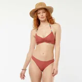 Top de bikini con estampado de rayas verticales en tonos marrón, verde, naranja y rosa. Diseño de triángulo con tirantes finos y detalle fruncido en el centro del busto.