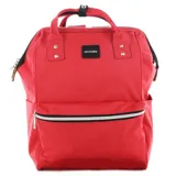 Mochila roja de tela con cierre superior y bolsillo frontal con cierre. Tiene doble asa de mano y correas ajustables para la espalda.