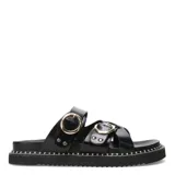 Sandalias marrones con tiras anchas de cuero sintético y hebillas doradas.