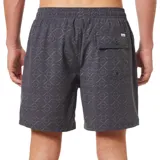 Short de baño negro con estampado geométrico en gris claro, cintura elástica con cordón ajustable y logo de la marca en la pierna derecha.