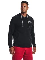 Campera Under Armour Rival Terry, color gris jaspeado, con cierre frontal completo, capucha con cordones ajustables y logo estampado en el pecho.