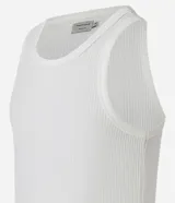 Musculosa masculina de poliéster y algodón, color blanco, con cuello redondo y textura flamê.