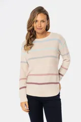 Buzo de tejido fino color blanco con rayas horizontales de colores pastel, confeccionado en algodón.