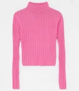 Polera verde de punto acanalado, con cuello alto y mangas largas.