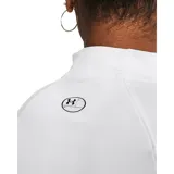 Remera deportiva blanca de manga larga con cuello alto y logo de Under Armour en el cuello.