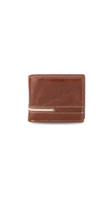 Billetera de cuero marrón con faja combinada en la parte inferior. Interior con compartimentos para billetes, volante, visor y tarjeteros.
