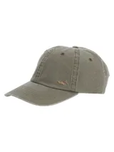 Gorro unisex color verde oliva, de algodón orgánico, con logo de pato bordado en el frente. Tiene visera curva, seis paneles, forro interior de algodón orgánico y ajuste trasero con pasador metálico.