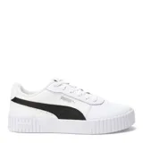 Championes urbanos Puma modelo Carina 2.0 para mujer, de color blanco con detalles en lila. Cuentan con una parte superior de material sintético, cierre de cordones y suela de goma con plataforma que incluye secciones acanaladas en la puntera y el talón.