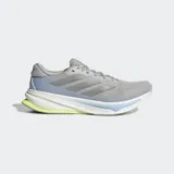 Championes de running Adidas Supernova Rise 2, color gris con detalles en azul claro y suela blanca con inserción de espuma verde lima en el talón. Presentan un exterior de malla técnica y mediasuela con tecnología Dreamstrike+.