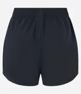 Short runner deportivo negro para mujer, con cintura elástica y bies contrastante de color naranja en los bordes.