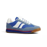 Championes deportivos de estilo retro, color dorado metalizado con efecto craquelado. Presentan tres franjas laterales negras y detalles en negro en el talón y ribetes. La suela es de goma color caramelo con entresuela blanca.