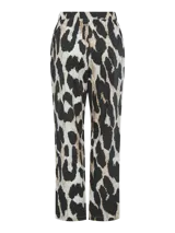 Pantalón recto con estampado animal print en tonos blanco, negro y marrón. Tiene cintura elástica.