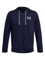 Campera Under Armour Rival Terry, color gris jaspeado, con cierre frontal completo, capucha con cordones ajustables y logo estampado en el pecho.