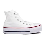 Championes Converse Chuck Taylor All Star Platform Hi, color blanco con plataforma y detalles de líneas rojas y azules en la suela.