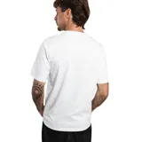 Remera blanca de manga corta y cuello redondo, corte unisex, con un pequeño logo bordado en el pecho.