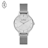 Reloj Skagen para mujer, con caja y malla de acero inoxidable color plateado.
