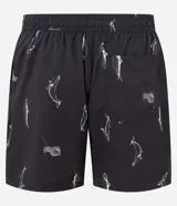 Bermuda de baño masculina confeccionada en microfibra negra con estampado de ballenas blancas. Posee cintura elástica con cordón ajustable y un bolsillo trasero.