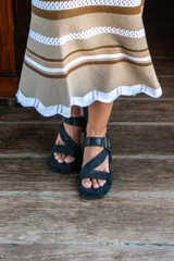 Sandalias negras de cuero con plataforma y taco cuadrado. Tiras cruzadas sobre el empeine y hebilla metálica lateral.