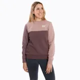 Buzo de mujer con diseño color block en tonos celeste, gris oscuro y rosa. Tiene cuello redondo, mangas largas y logo bordado en el pecho.